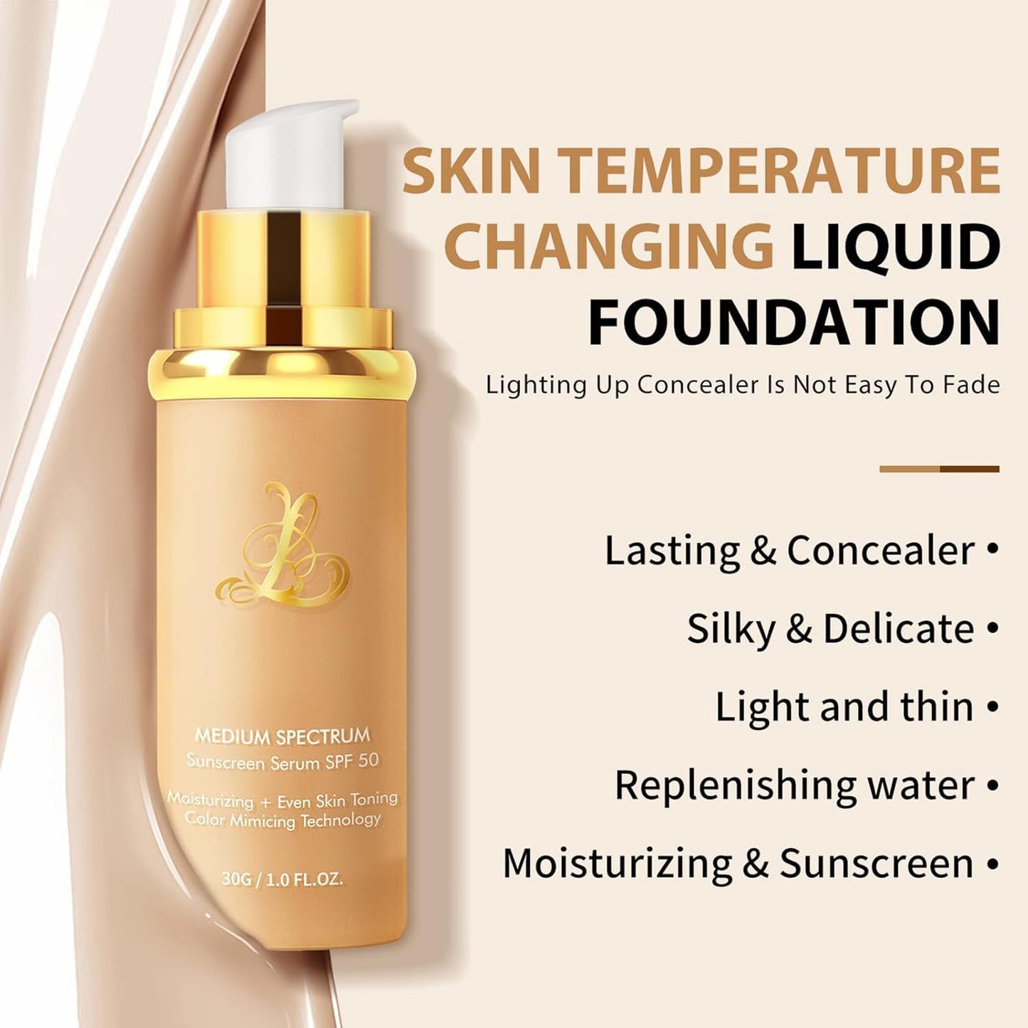 4 in 1 Foundation Liquid,Color Changing Foundation,Medium Spectrum Full Coverage Concealer with Spf 50+,Longwearing and Waterproof